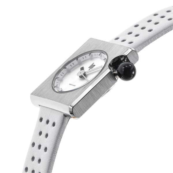 Montre Lip Mach 2000 Mini Square quartz cadran argenté bracelet cuir blanc perforé 30 x 28 mm