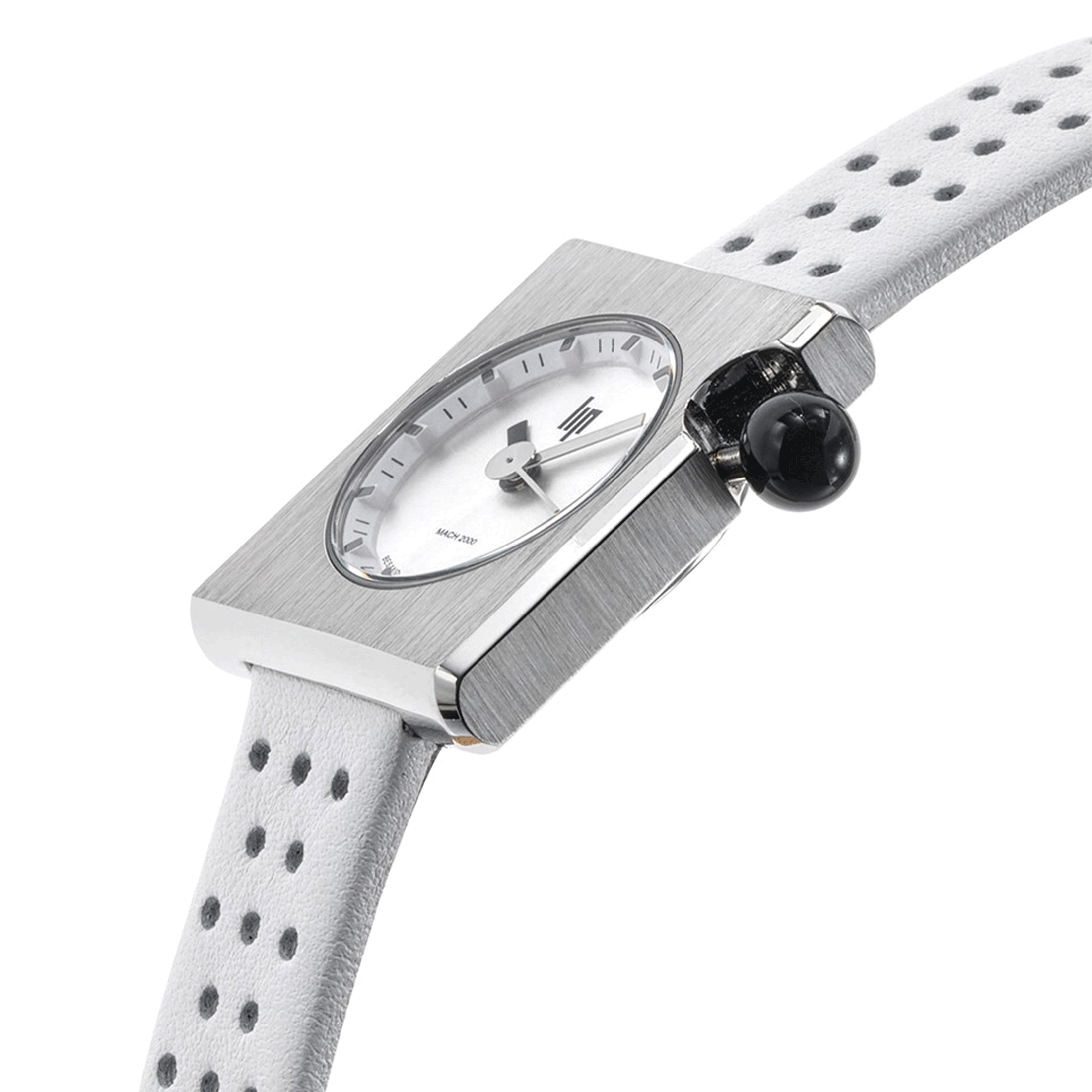Montre Lip Mach 2000 Mini Square quartz cadran argenté bracelet cuir blanc perforé 30 x 28 mm