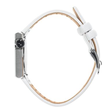 Montre Lip Mach 2000 Mini Square quartz cadran argenté bracelet cuir blanc perforé 30 x 28 mm