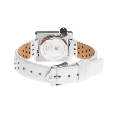 Montre Lip Mach 2000 Mini Square quartz cadran argenté bracelet cuir blanc perforé 30 x 28 mm