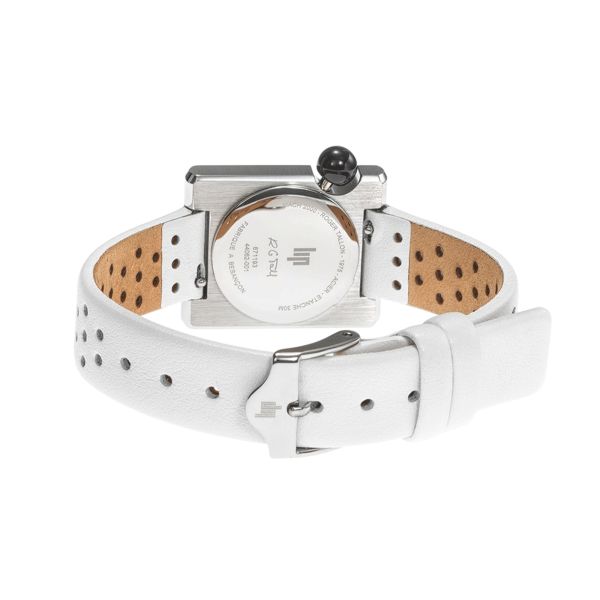 Montre Lip Mach 2000 Mini Square quartz cadran argenté bracelet cuir blanc perforé 30 x 28 mm