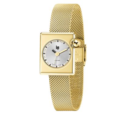 Montre Lip Mach 2000 Mini Square quartz cadran argenté bracelet acier doré 30 x 28 mm