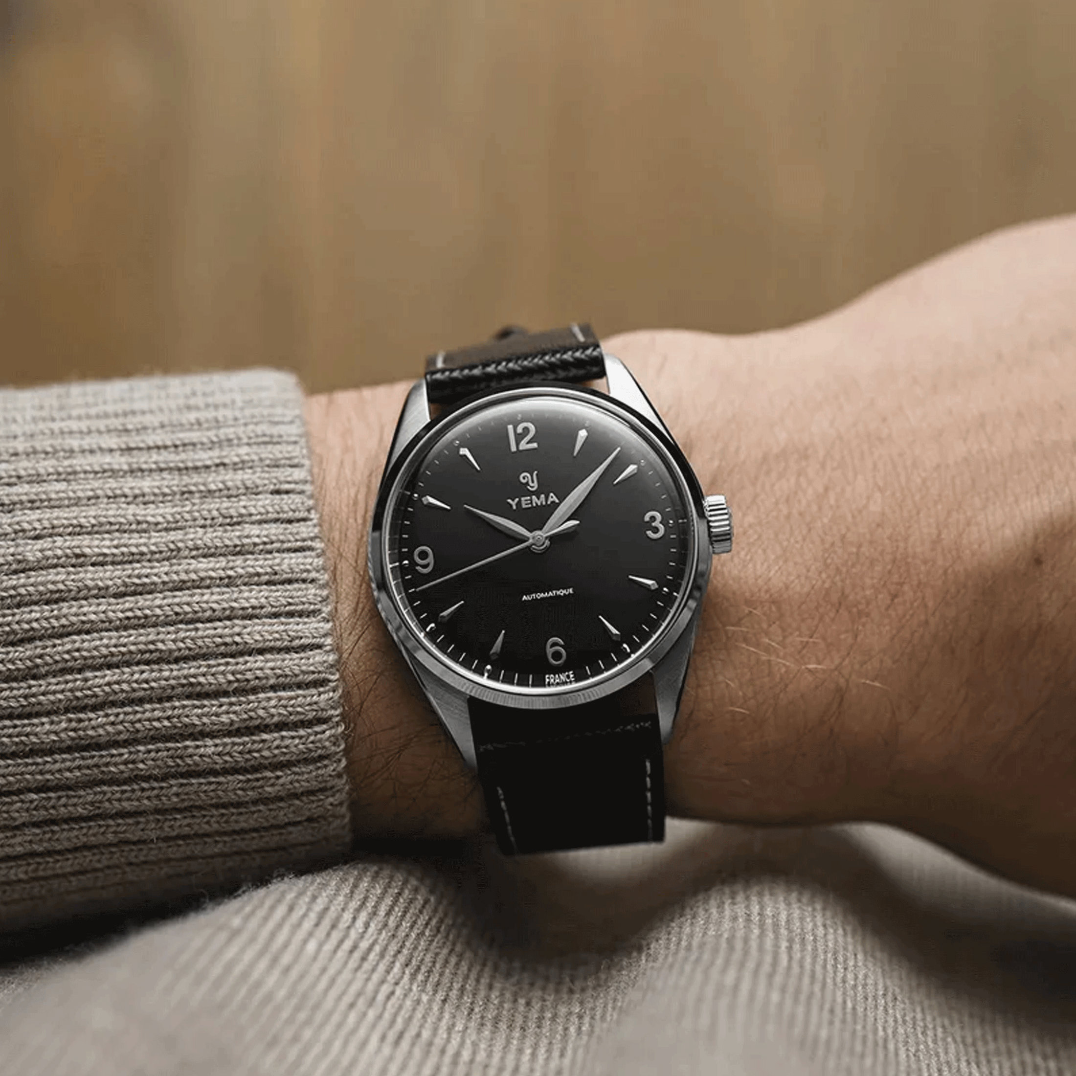 Yema Urban Classic automatic watch black dial black leather strap 37.5 mm YUBC24-37-AA64