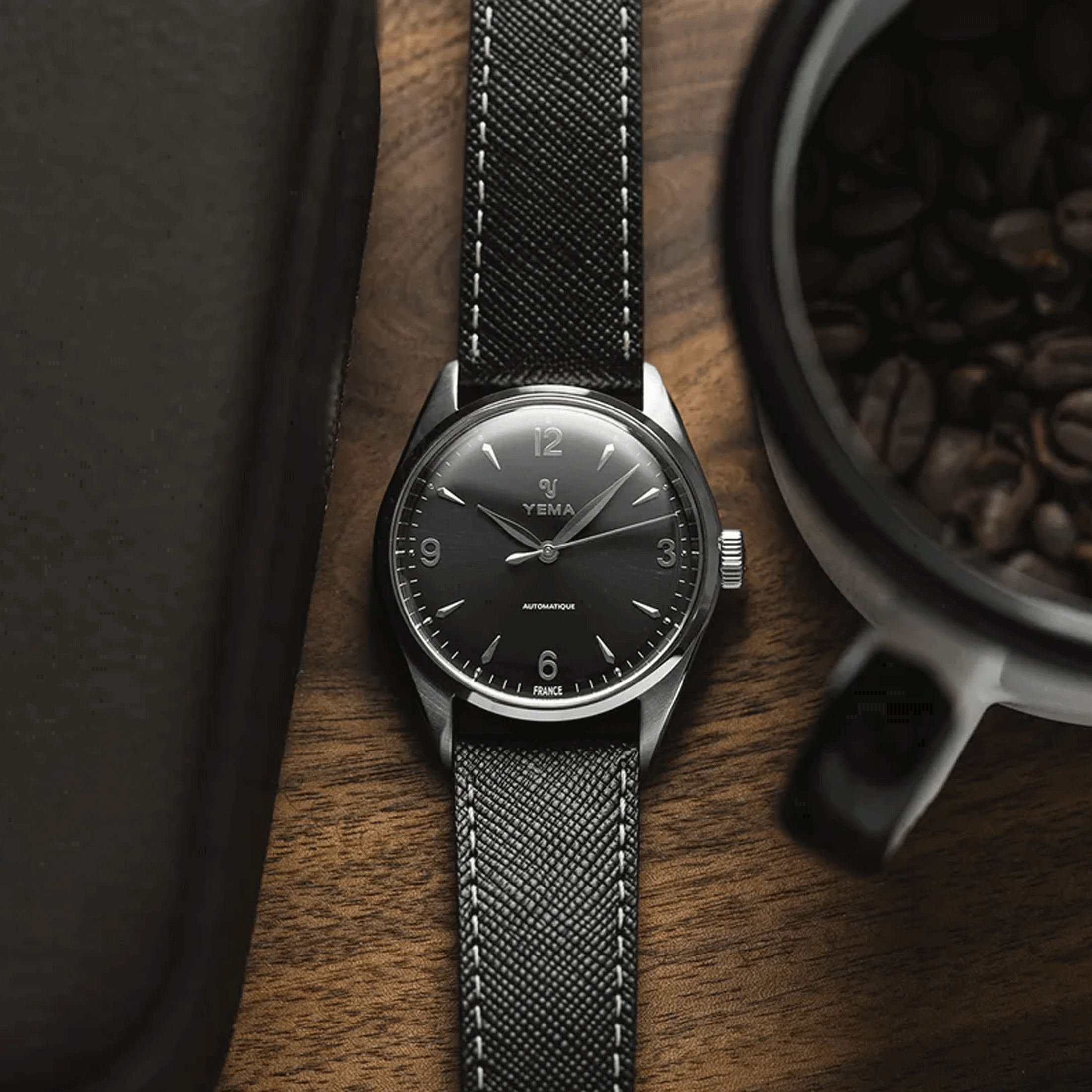 Yema Urban Classic automatic watch black dial black leather strap 37.5 mm YUBC24-37-AA64