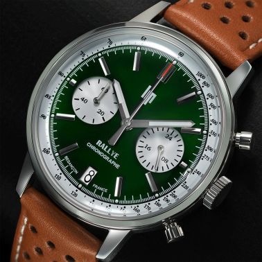 Montre Lip Rallye Chrono méca-quartz cadran vert bracelet cuir marron 39 mm