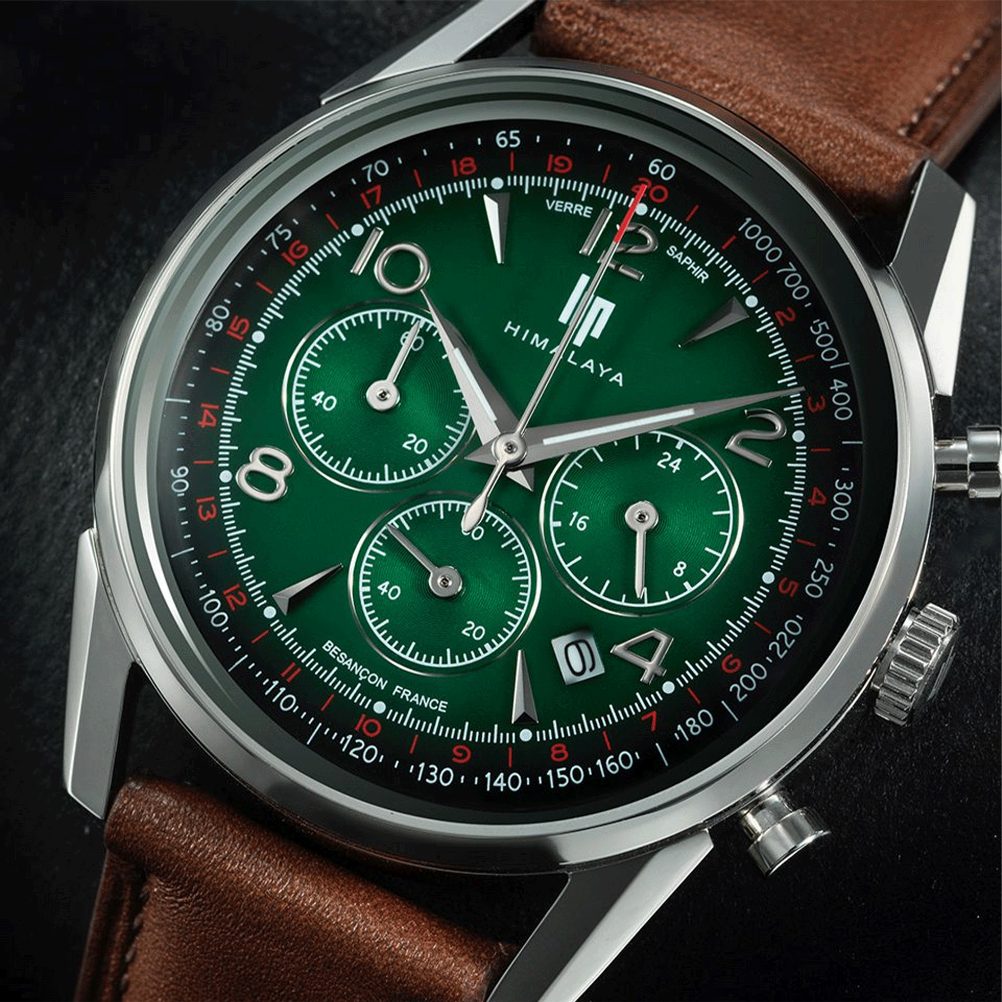 Montre Lip Himalaya Chronographe Quartz cadran vert bracelet cuir 40 mm