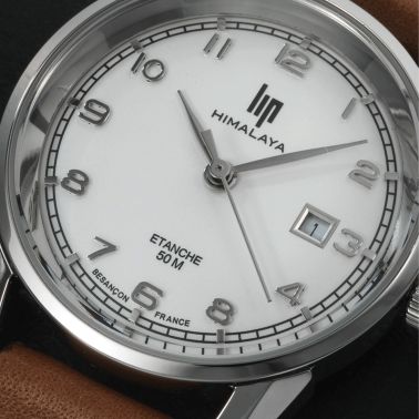 Montre Lip Himalaya quartz cadran argent bracelet cuir marron 29 mm