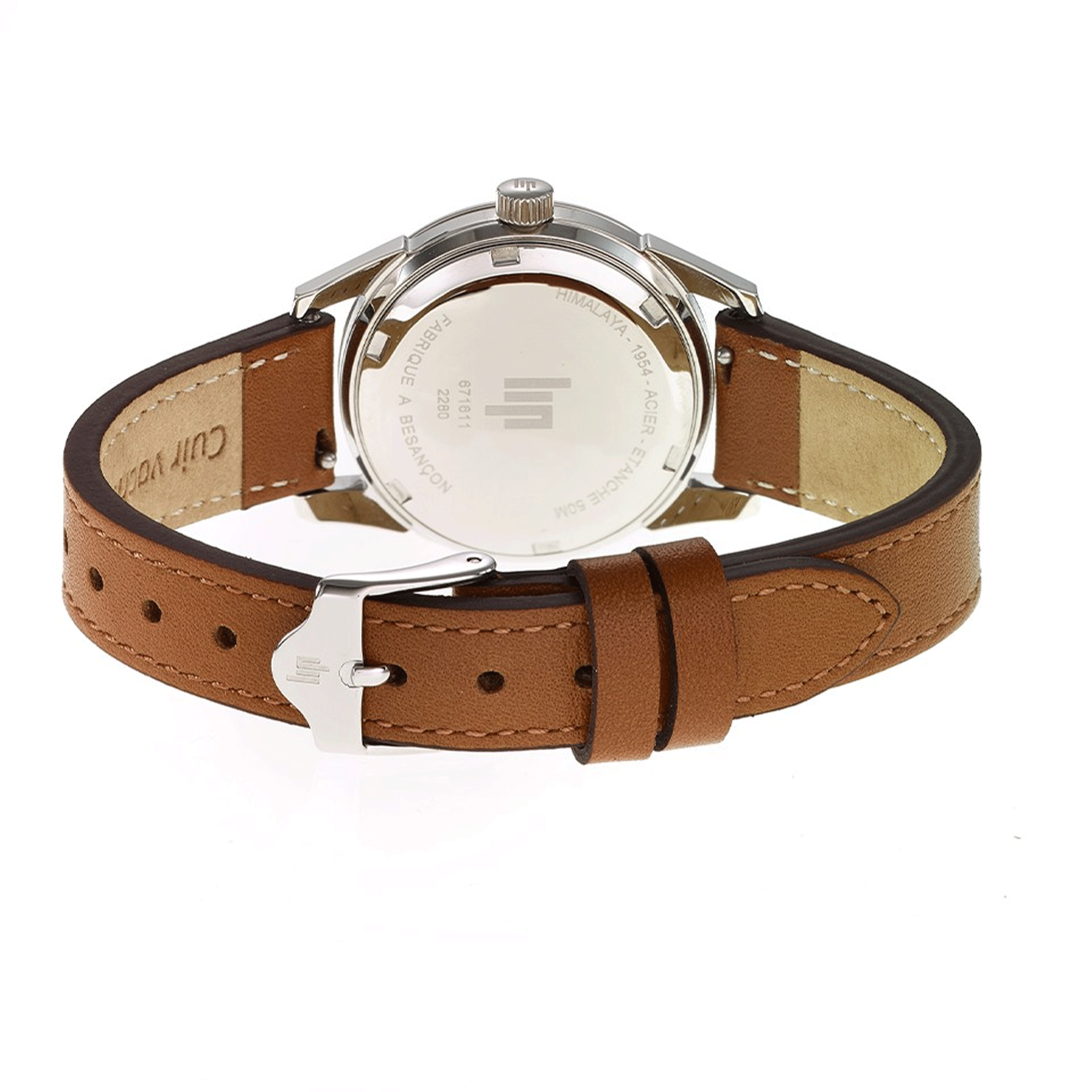 Montre Lip Himalaya quartz cadran argent bracelet cuir marron 29 mm