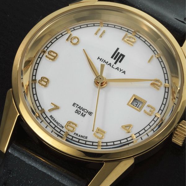 Montre Lip Himalaya Dorée quartz cadran argent bracelet cuir noir 29 mm