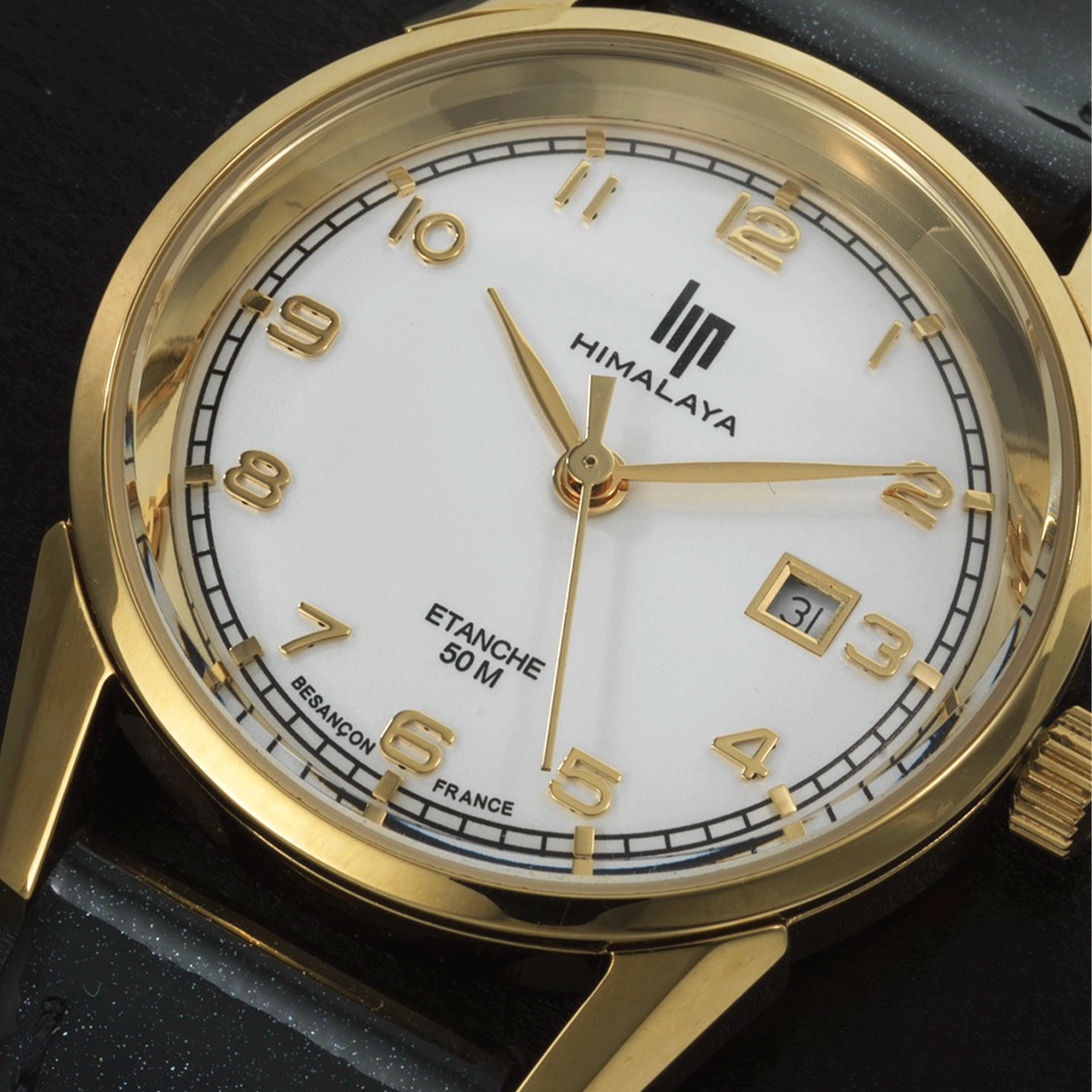 Lip Himalaya Golden quartz silver dial black leather strap 29 mm