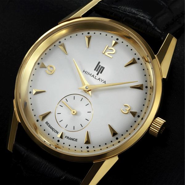 Lip Himalaya gilded quartz silver dial black leather strap 35 mm