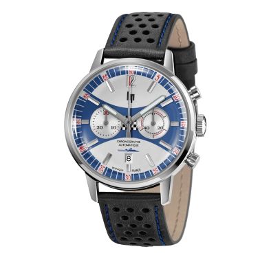 Montre Lip Rallye Chrono "Grand Prix de France Historique" automatique cadran argenté et bleu bracelet cuir 42 mm