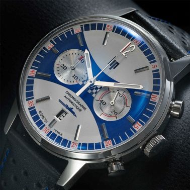 Montre Lip Rallye Chrono "Grand Prix de France Historique" automatique cadran argenté et bleu bracelet cuir 42 mm