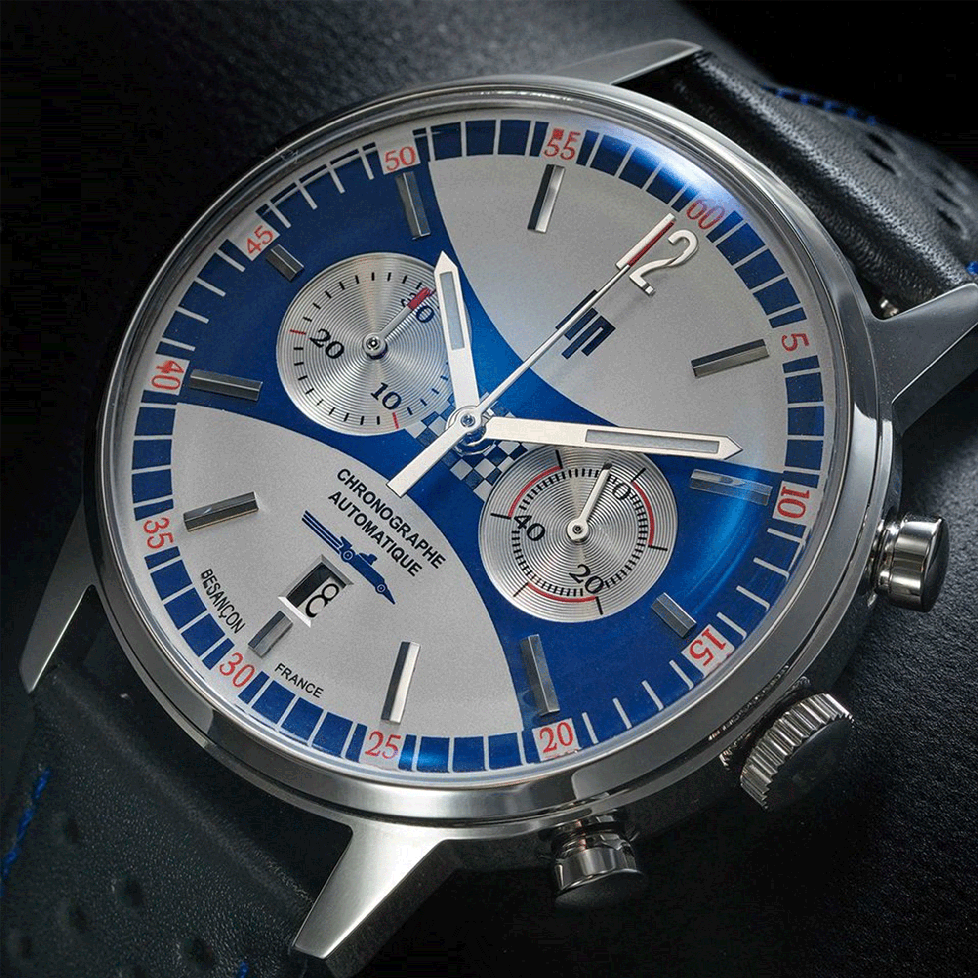 Lip Rallye Chrono "Grand Prix de France Historique" Automatic blue & silver dial leather strap 42 mm