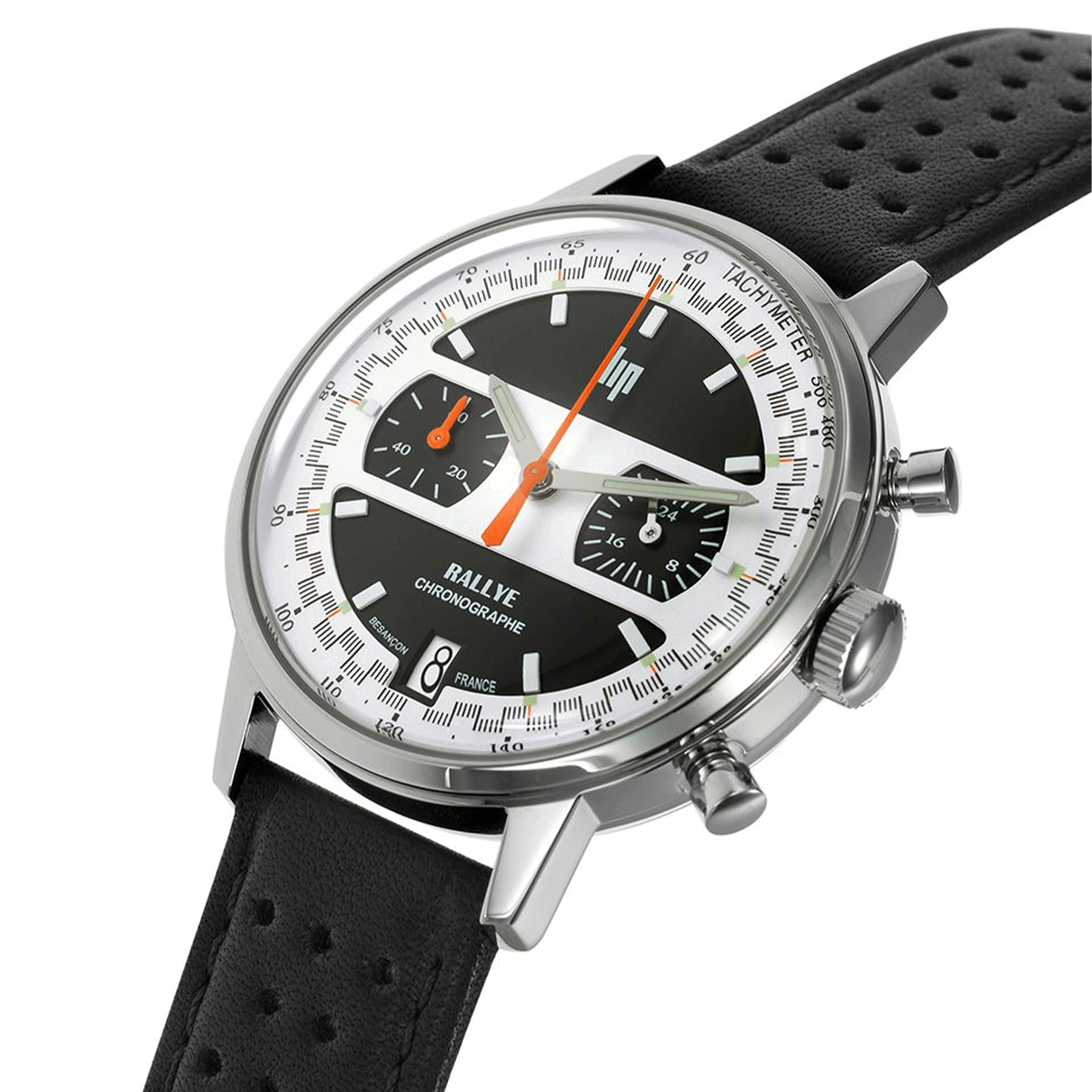 Lip Rallye Chrono mecaquartz black & white dial leather strap 39 mm