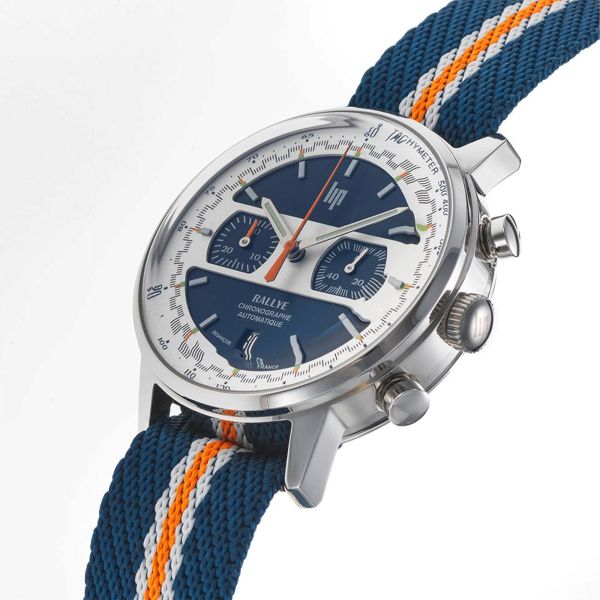Montre Lip Rallye Chrono automatique Jacquard cadran blanc et bleu bracelet cuir 42 mm