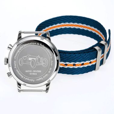 Montre Lip Rallye Chrono automatique Jacquard cadran blanc et bleu bracelet cuir 42 mm