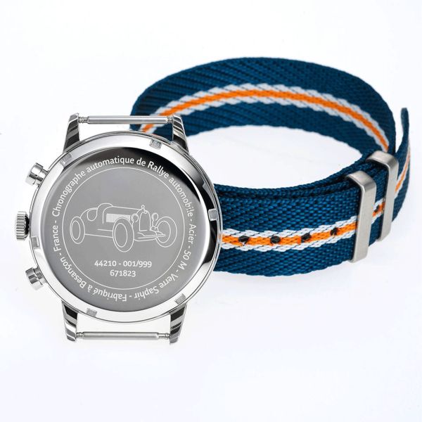 Montre Lip Rallye Chrono automatique Jacquard cadran blanc et bleu bracelet cuir 42 mm