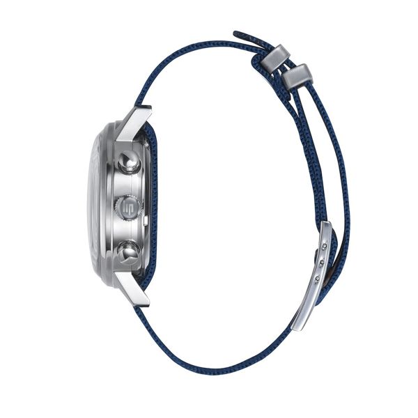 Montre Lip Rallye Chrono automatique Jacquard cadran blanc et bleu bracelet cuir 42 mm