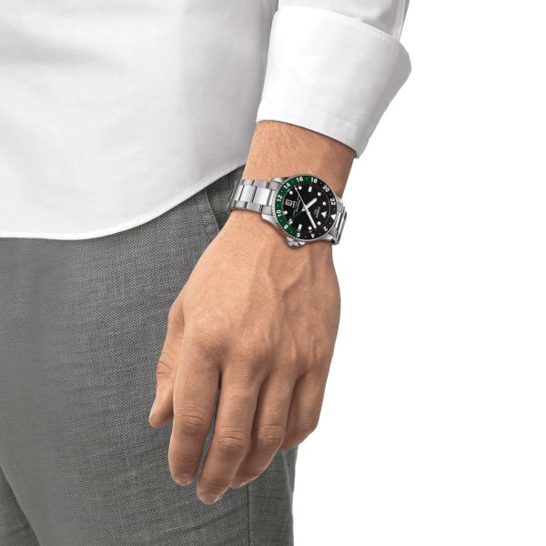 Tissot Seastar 1000 GMT quartz watch black and green bezel black dial steel bracelet 40 mm T120.852.11.051.00