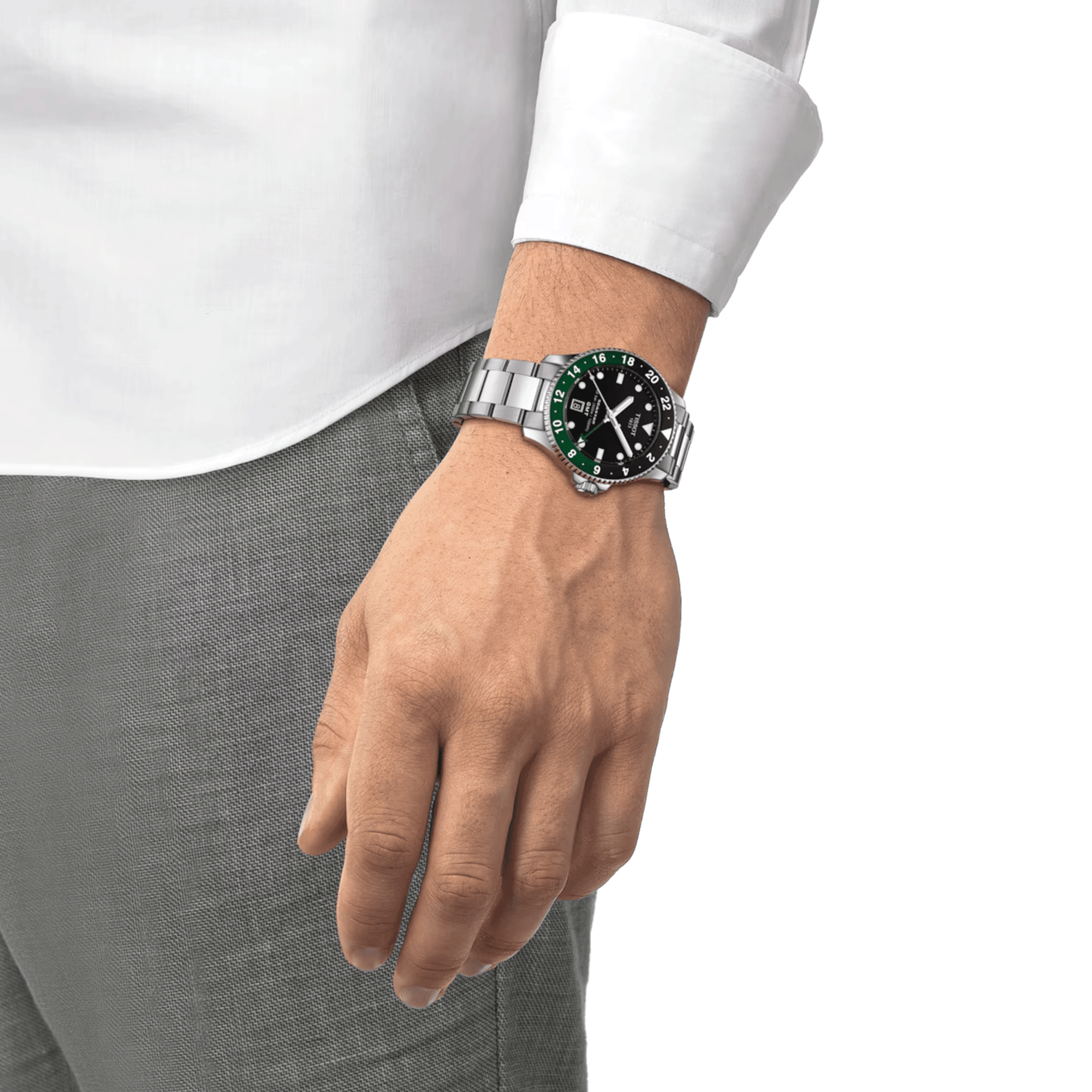 Tissot Seastar 1000 GMT quartz watch black and green bezel black dial steel bracelet 40 mm T120.852.11.051.00