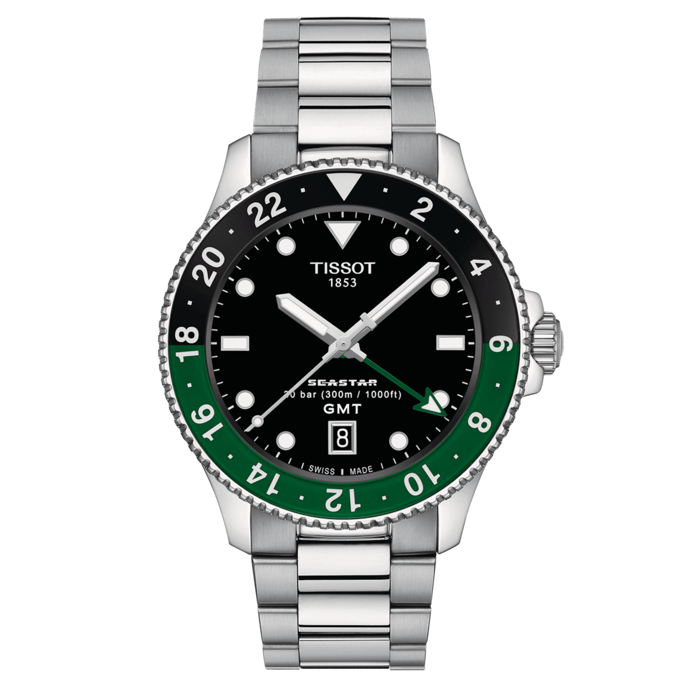 Tissot Seastar 1000 GMT quartz watch black and green bezel black dial steel bracelet 40 mm T120.852.11.051.00
