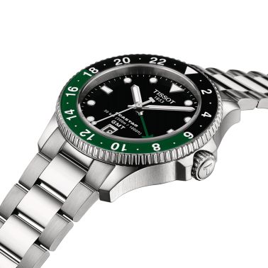 Tissot Seastar 1000 GMT quartz watch black and green bezel black dial steel bracelet 40 mm T120.852.11.051.00