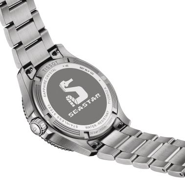 Tissot Seastar 1000 GMT quartz watch black and green bezel black dial steel bracelet 40 mm T120.852.11.051.00