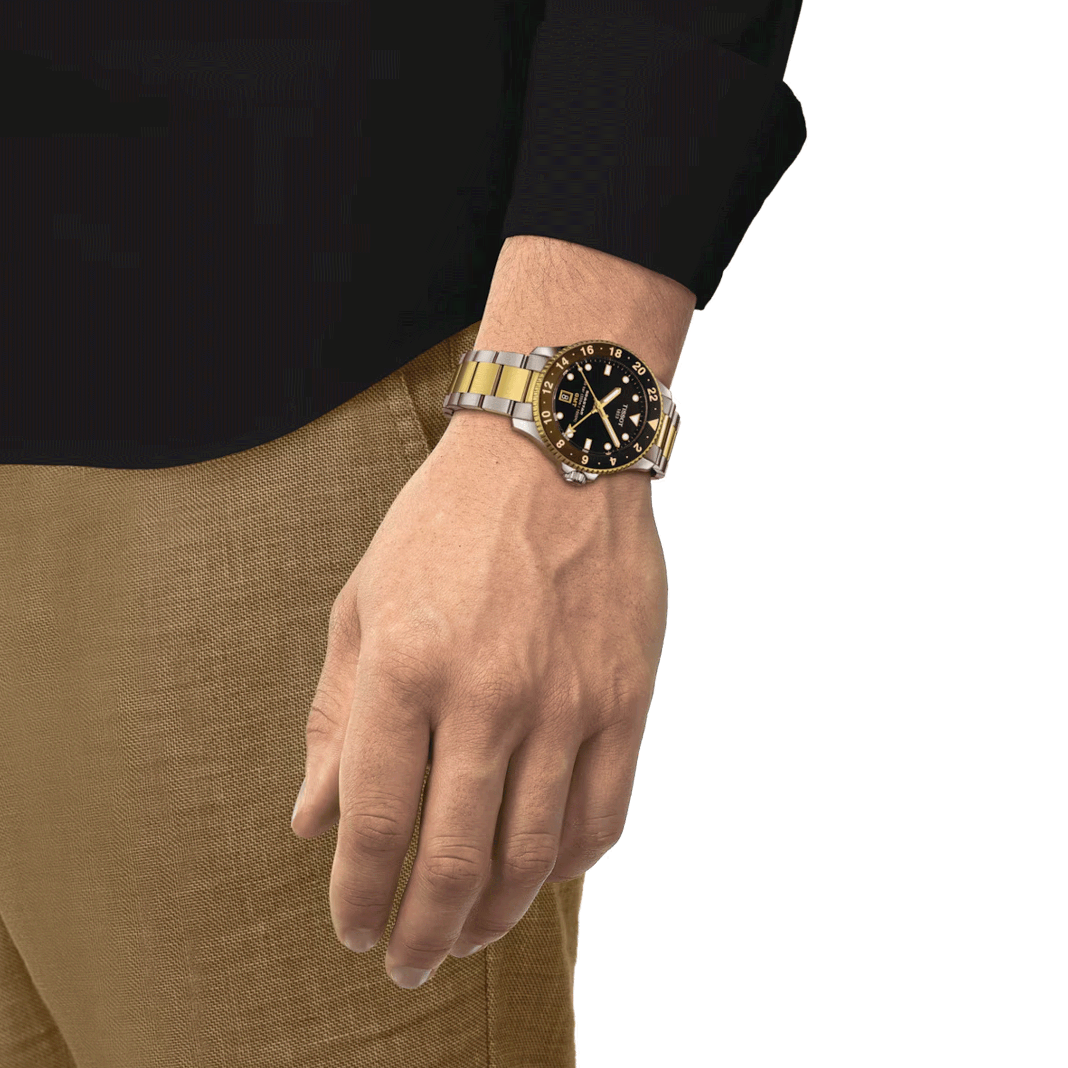 Montre Tissot Seastar 1000 GMT PVD Or Jaune quartz lunette noire et marron cadran noir 40 mm T120.852.22.051.00