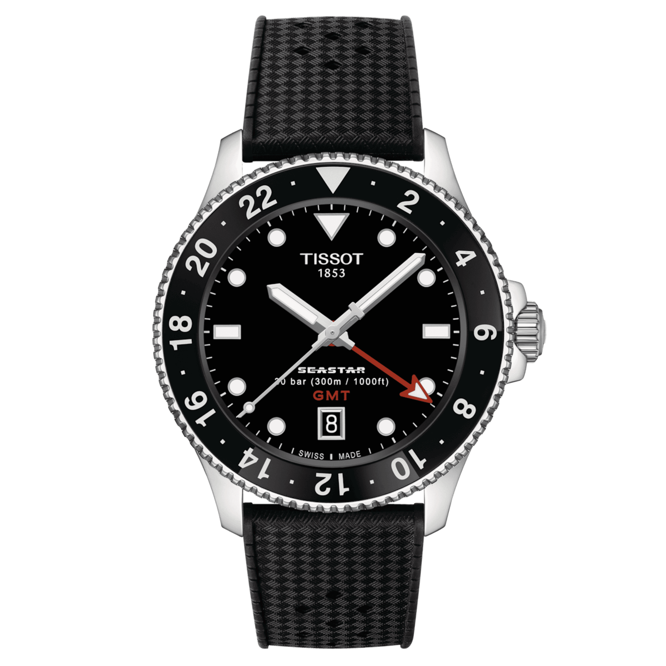 Tissot Seastar 1000 GMT quartz watch black bezel black dial black rubber strap 40 mm T120.852.17.051.00