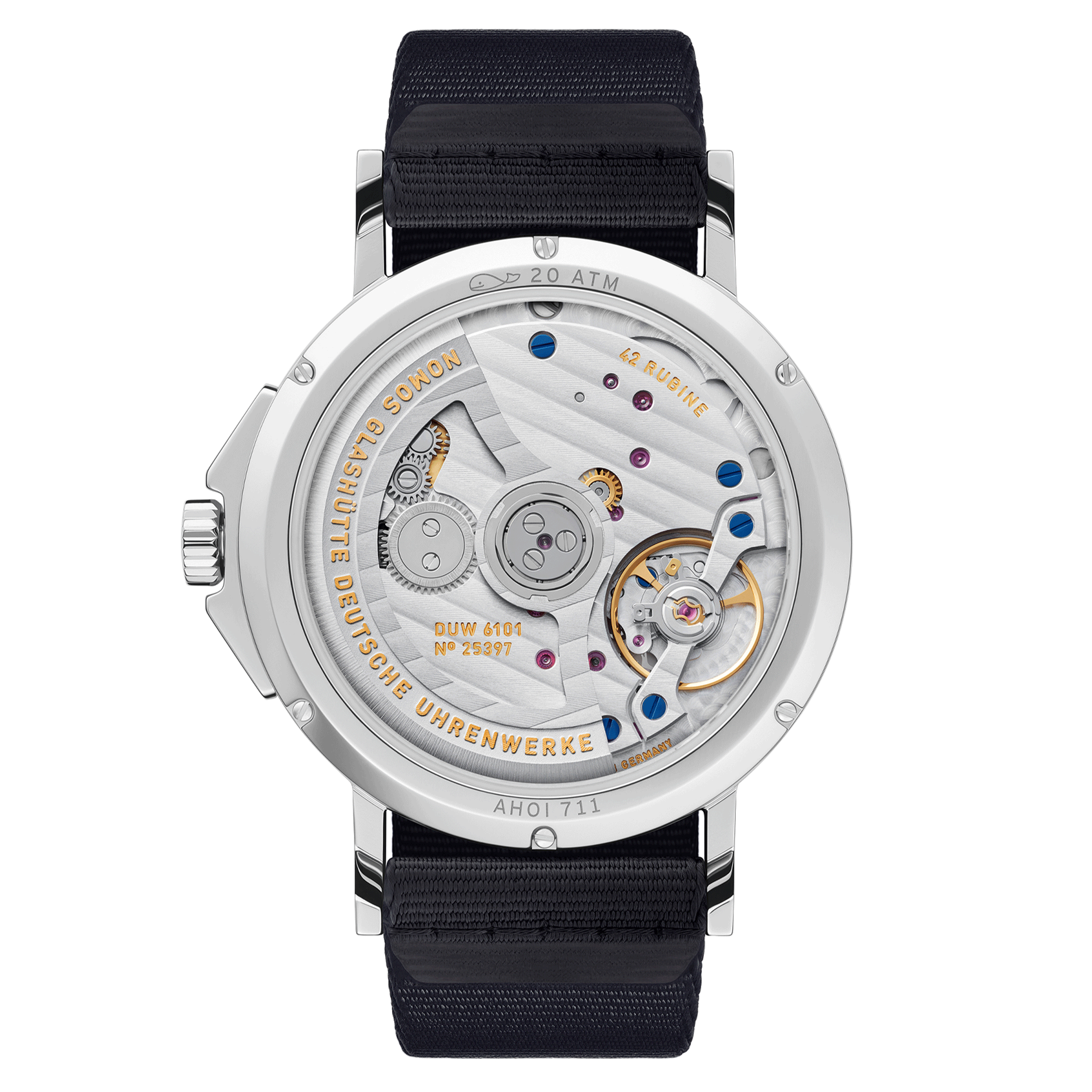 Nomos Ahoi Neomatik Date Atlantic automatic watch sapphire back blue dial blue fabric strap 38.5 mm