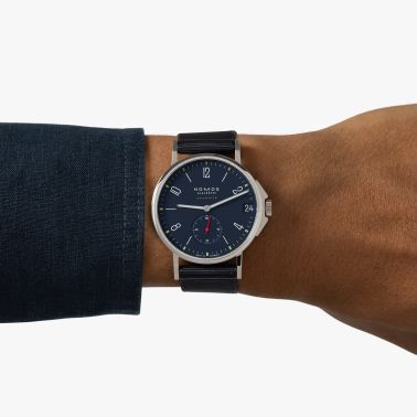 Nomos Ahoi Neomatik Date Atlantic automatic watch sapphire back blue dial blue fabric strap 38.5 mm