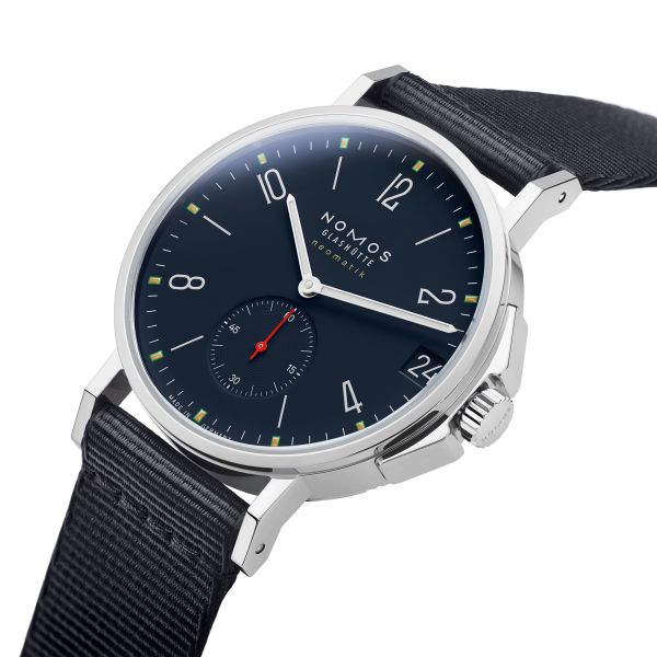 Nomos Ahoi Neomatik Date Atlantic automatic watch sapphire back blue dial blue fabric strap 38.5 mm