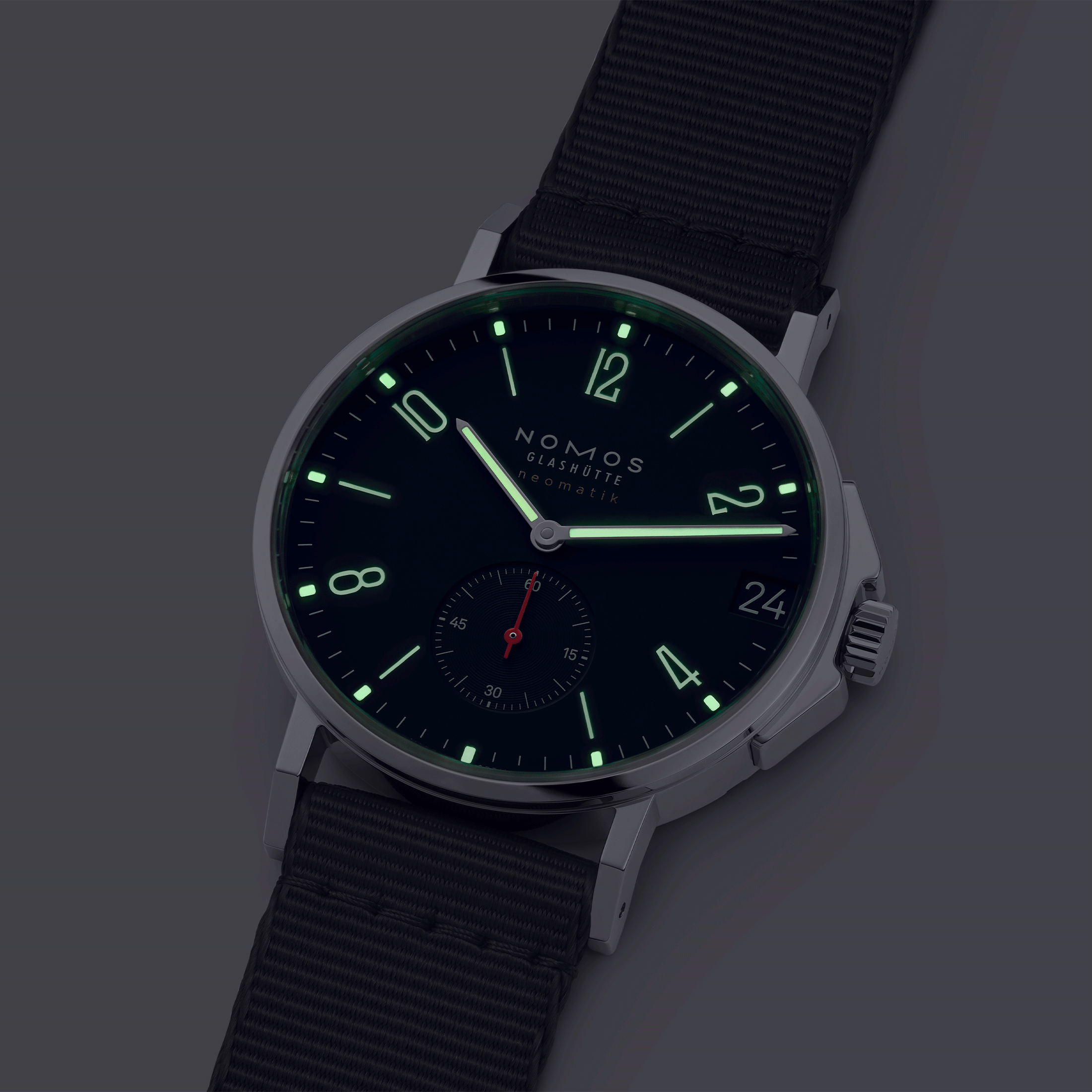 Nomos Ahoi Neomatik Date Atlantic automatic watch sapphire back blue dial blue fabric strap 38.5 mm