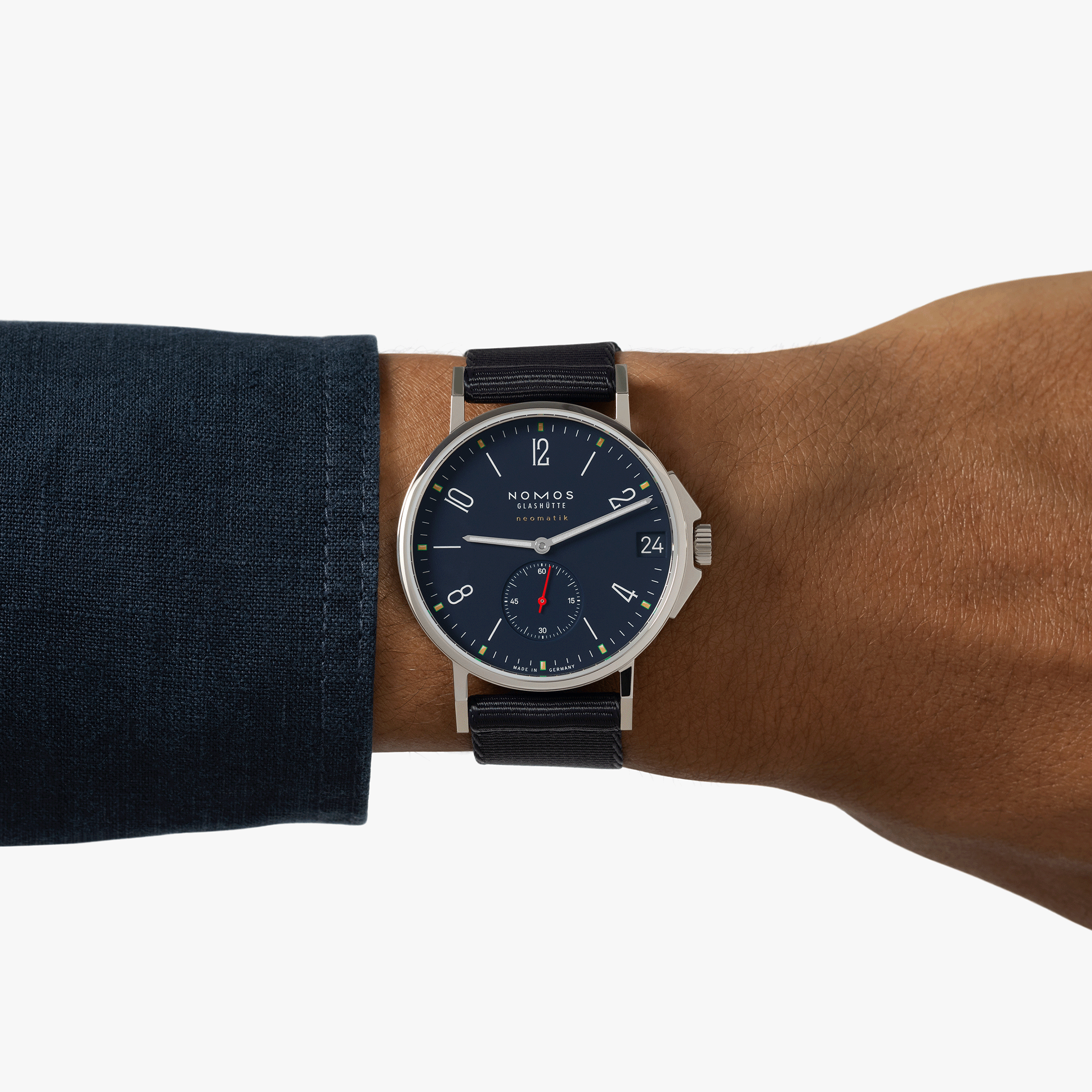 Nomos Ahoi Neomatik Date Atlantic automatic watch stainless steel back blue dial blue fabric strap 38.5 mm