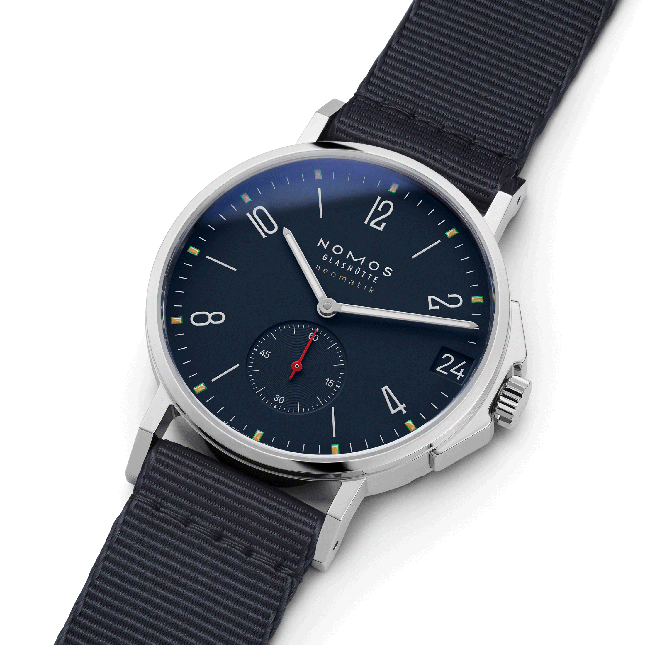 Nomos Ahoi Neomatik Date Atlantic automatic watch stainless steel back blue dial blue fabric strap 38.5 mm