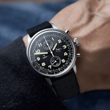 Yema Flygraf Bi-Compax AAE Meca-Quartz black dial black fabric strap 40 mm
