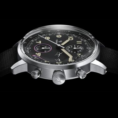 Montre Yema Flygraf Bi-Compax AAE Meca-Quartz cadran noir bracelet tissu noir 40 mm