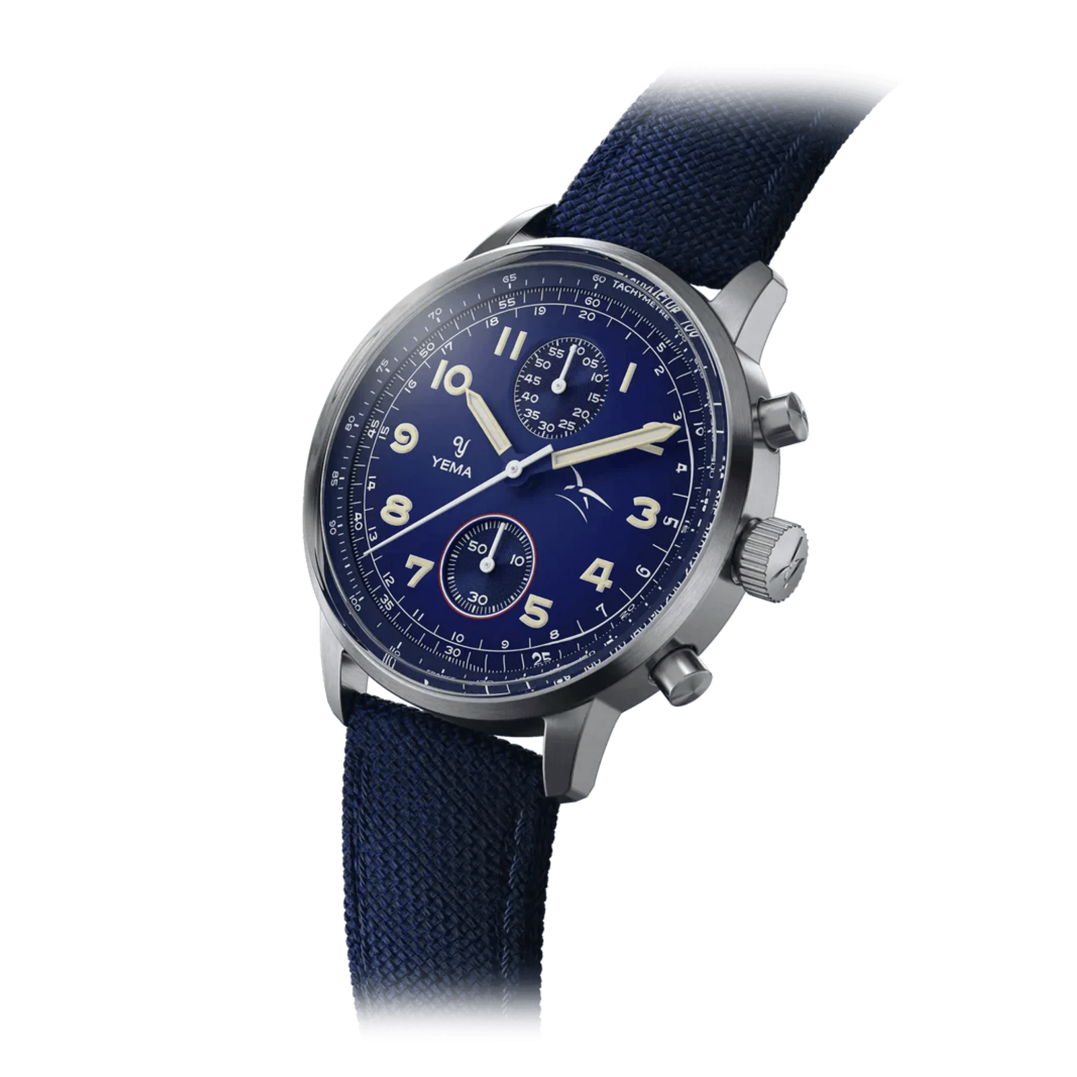 Montre Yema Flygraf Bi-Compax AAE Meca-Quartz cadran bleu bracelet tissu bleu 40 mm