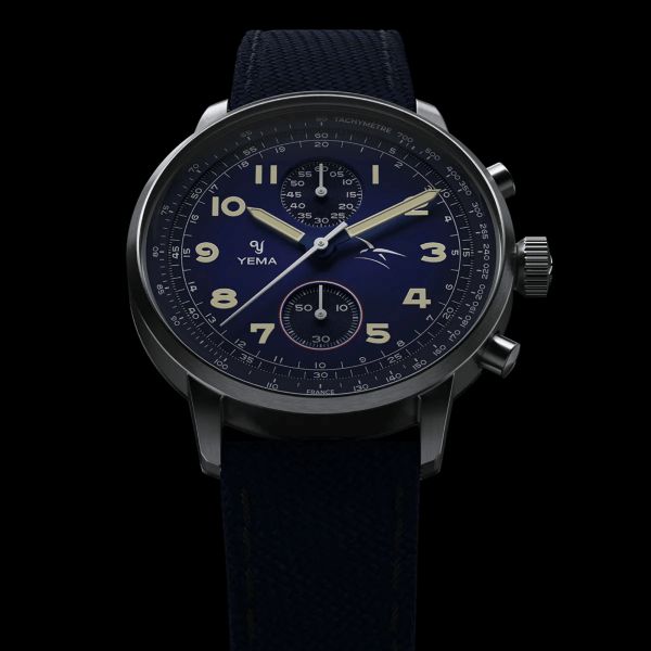 Montre Yema Flygraf Bi-Compax AAE Meca-Quartz cadran bleu bracelet tissu bleu 40 mm