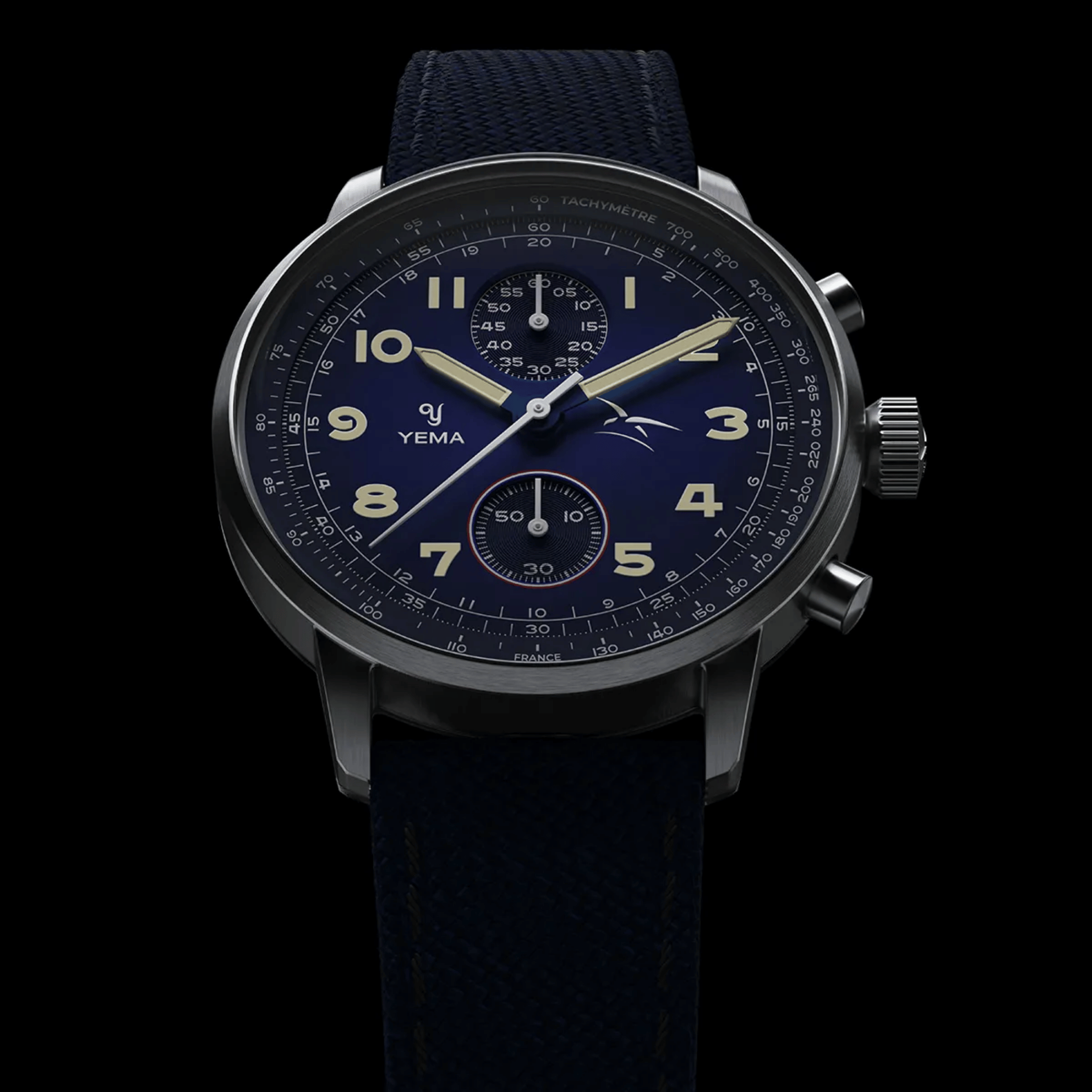 Montre Yema Flygraf Bi-Compax AAE Meca-Quartz cadran bleu bracelet tissu bleu 40 mm