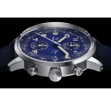 Montre Yema Flygraf Bi-Compax AAE Meca-Quartz cadran bleu bracelet tissu bleu 40 mm