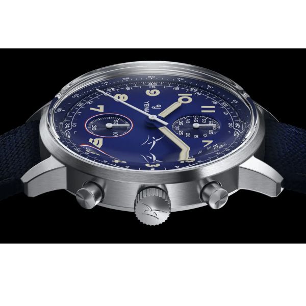 Montre Yema Flygraf Bi-Compax AAE Meca-Quartz cadran bleu bracelet tissu bleu 40 mm