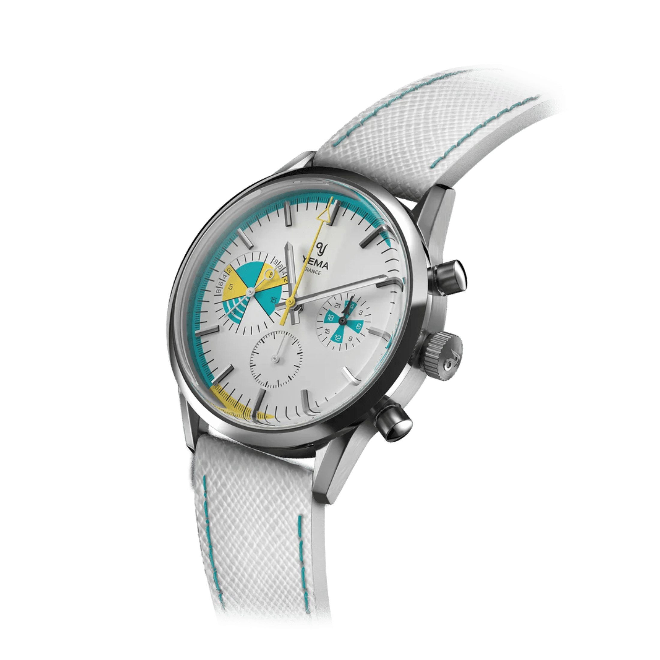 Montre Yema Yachtingraf Croisière Meca-Quartz cadran blanc bracelet cuir blanc 38,5 mm