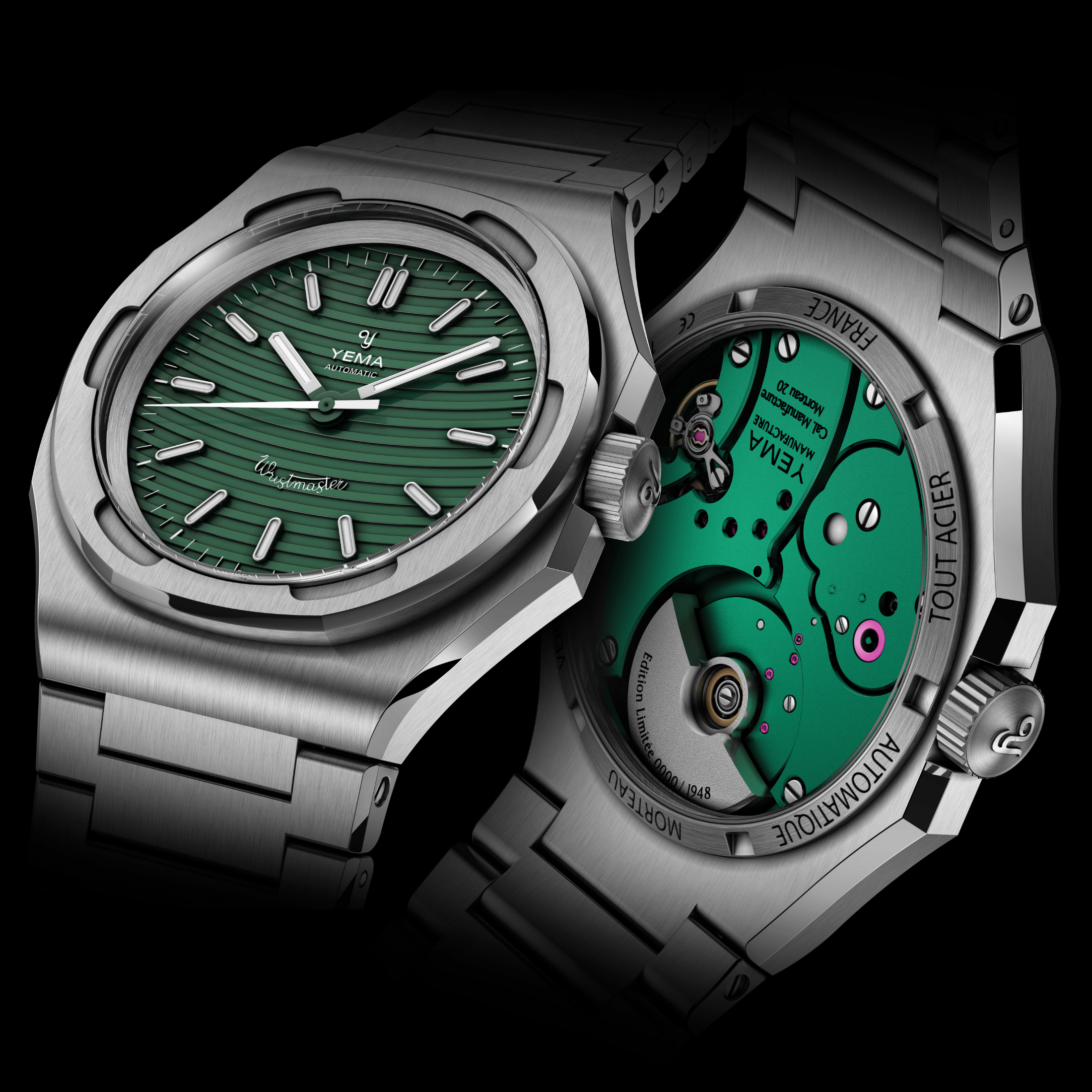 Yema Wristmaster Traveller Micro-Rotor automatic green dial steel bracelet 39 mm