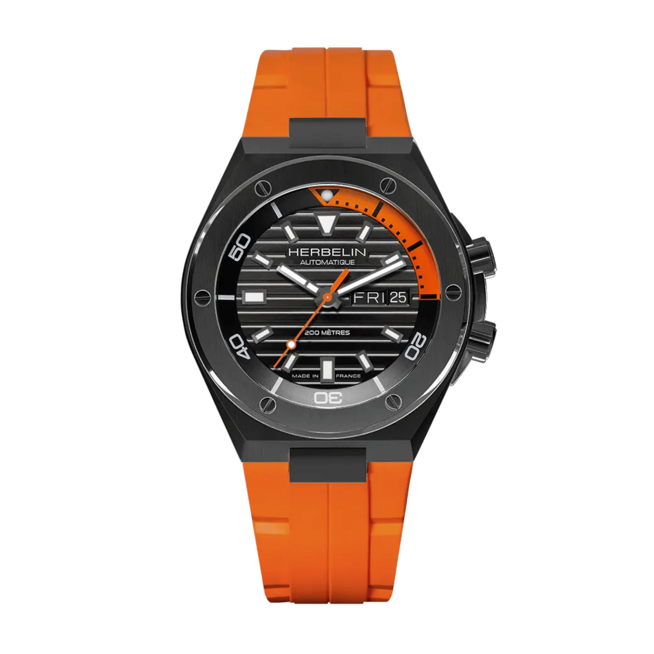 Montre Herbelin Cap Camarat Diver Automatique DLC noir cadran noir bracelet caoutchouc FKM orange 42 mm