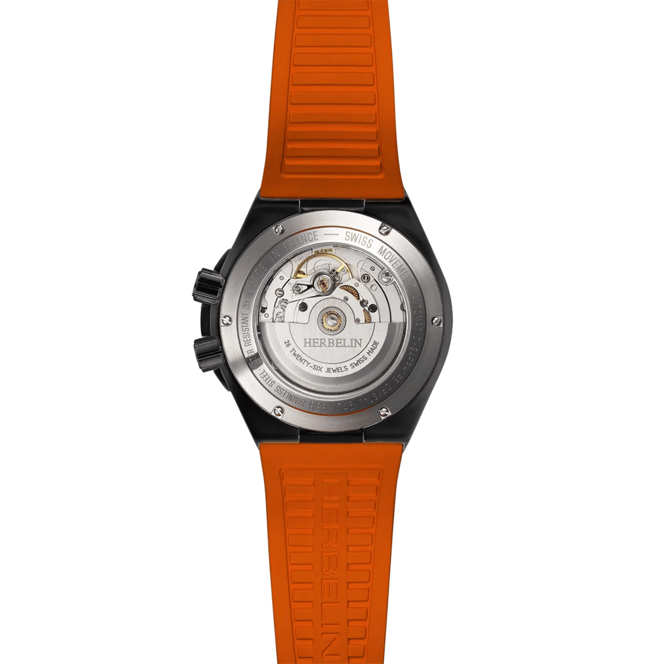 Montre Herbelin Cap Camarat Diver Automatique DLC noir cadran noir bracelet caoutchouc FKM orange 42 mm