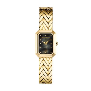 Herbelin Octogône Rectangle quartz PVD Yellow gold black mother-of-pearl dial steel bracelet 20,40 x 26,40 mm