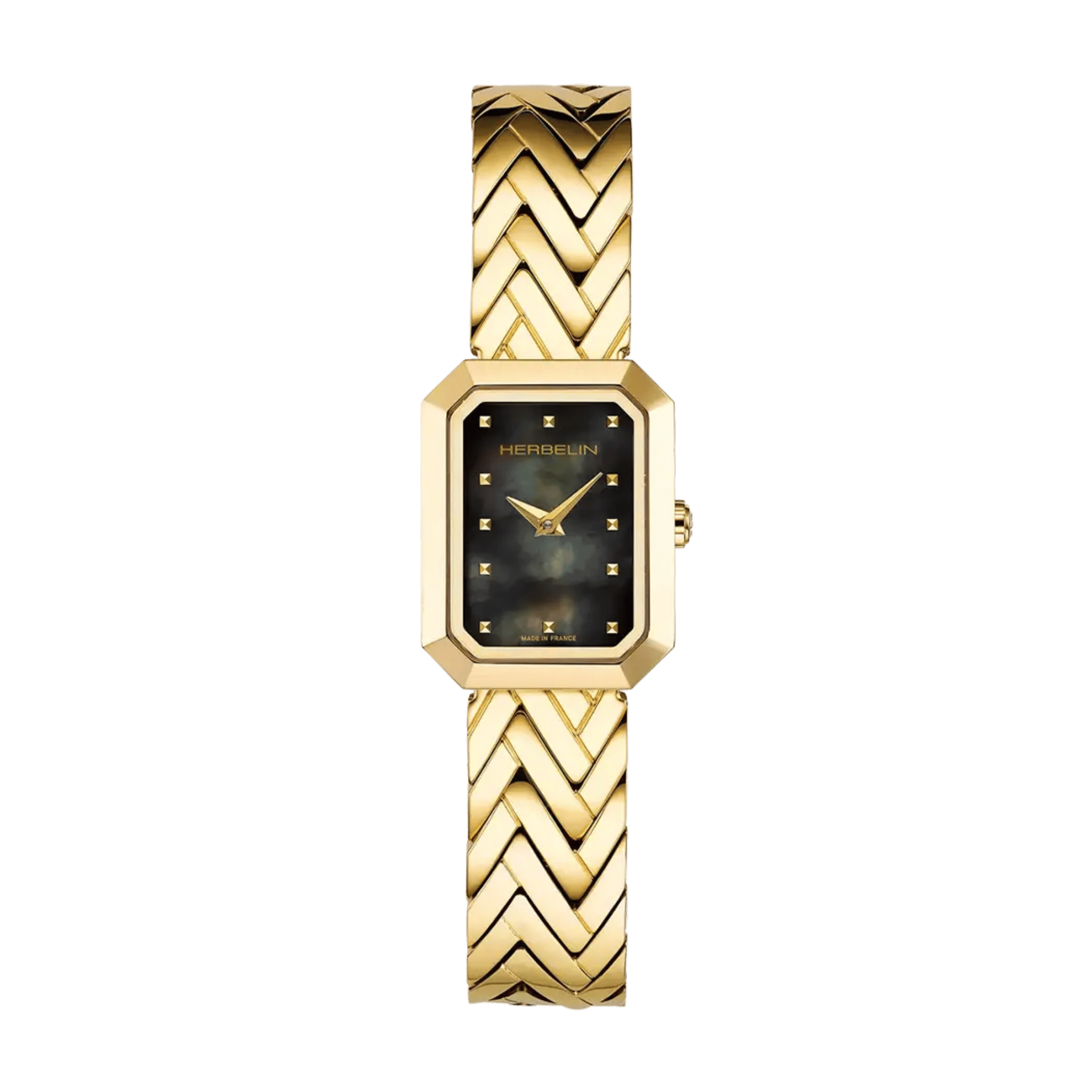 Montre Herbelin Octogône Rectangle quartz PVD Or Jaune cadran nacre noire bracelet acier 20,40 x 26,40 mm