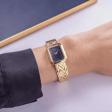 Herbelin Octogône Rectangle quartz PVD Yellow gold black mother-of-pearl dial steel bracelet 20,40 x 26,40 mm